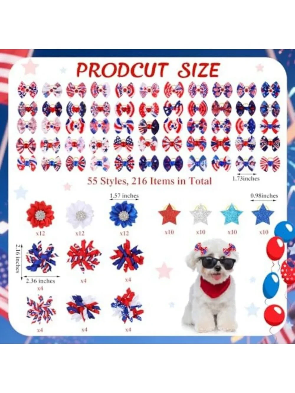 300 Pcs 4th of July Dog Bows with Rubber Bands - Patriotic Pet Accessories